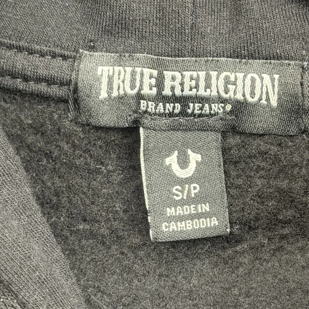 True Religion Mens Small Black Zip Hoodie Retro Stud Buddha Graphic Back 700437
